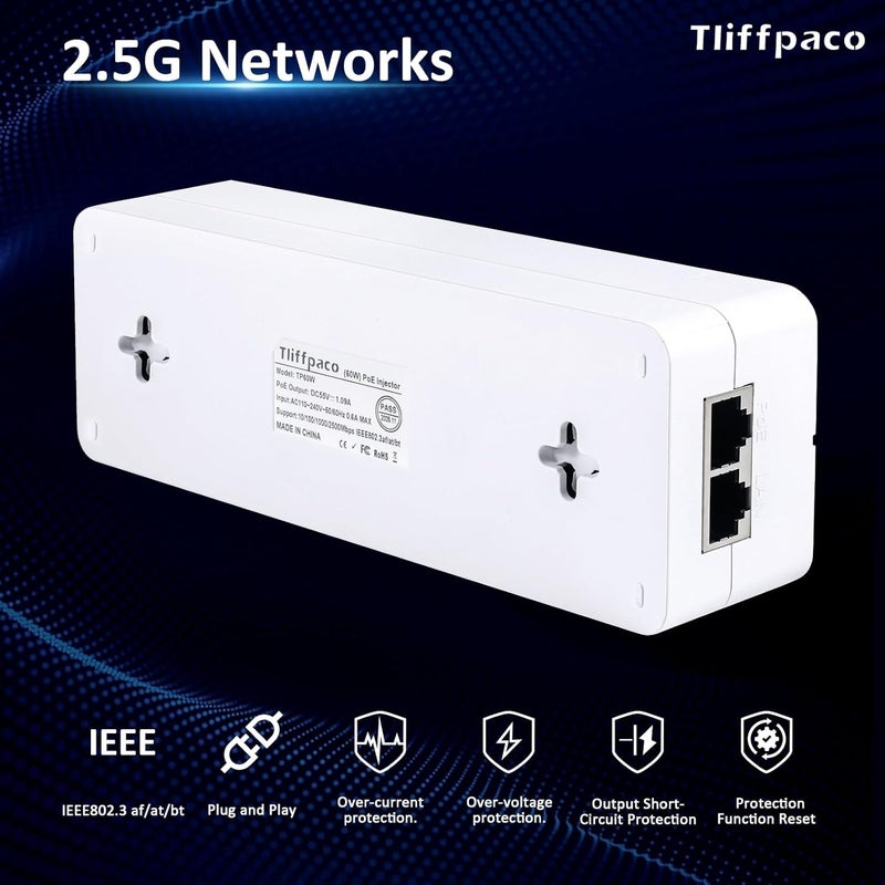 Tliffpaco PoE++ Injector 2.5Gb, Transmit Network Data and Supply Power, 60W 55V, 802.3af/at/bt Compliant, Plug & Play, Up to 100m(328 ft), Suitable for PTZ IP Camera/Video Phone/Dual Band AP - Image 4
